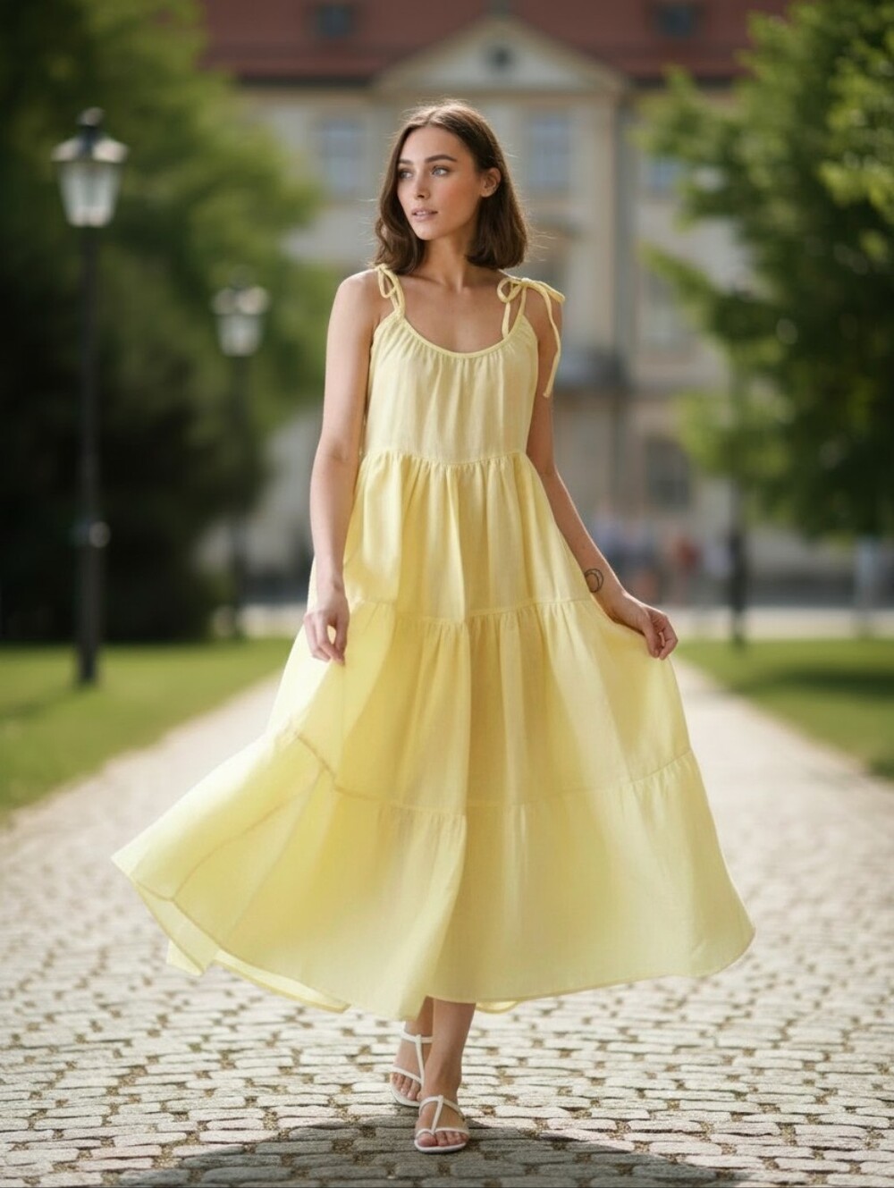 Mille Resort Maui Lemonade Yellow Tierd Linen Maxi Dress XXS Sundress Oversized